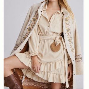 Anthropologie Pilcro Cream Corduroy Ruffle Long Sleeve Mini Dress Size S